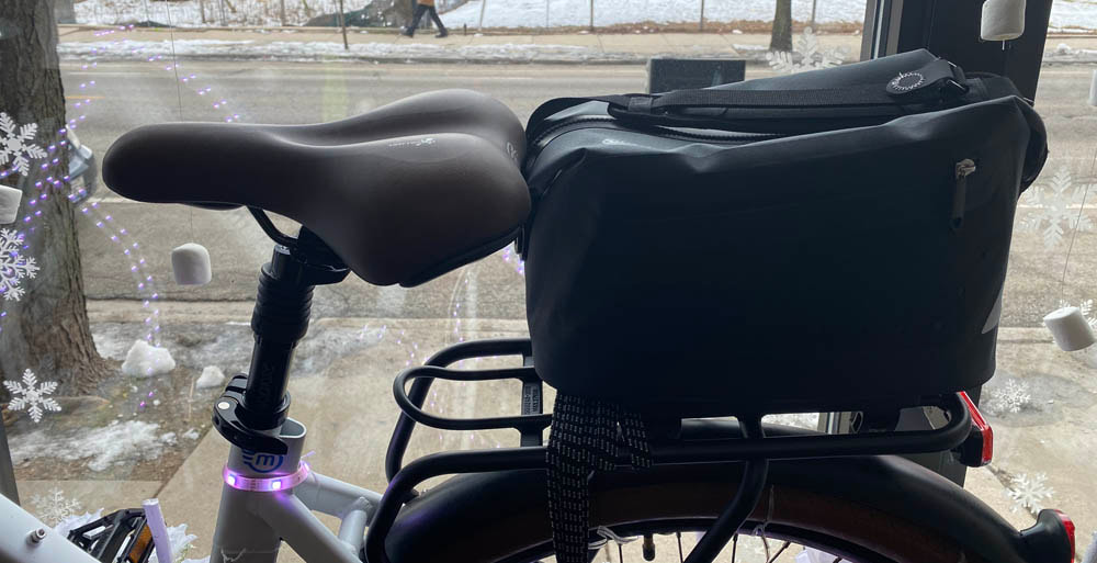 Ortlieb trunk bag mounted on the back of a bike