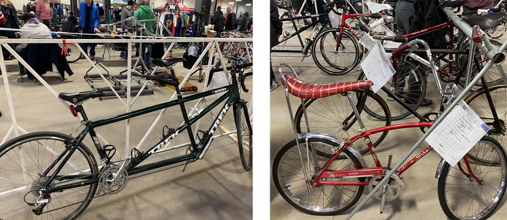 Used bikes for sale at the Brazen Dropout bike shop including a tandem and vintage Stingray