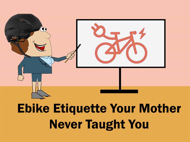 Mother wearing a helmet and cycling clothing giving a lecture about ebikes