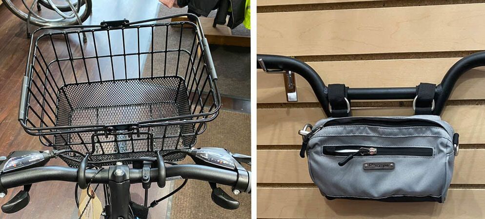Wire bike basket and a small grey strap on handlebar bag