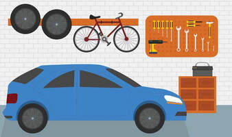 Storage in a garage including a car, bike, tires, and tools.
