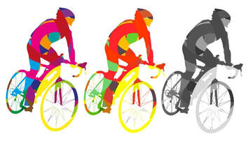 Image of a cyclist and bike in three different colors including black