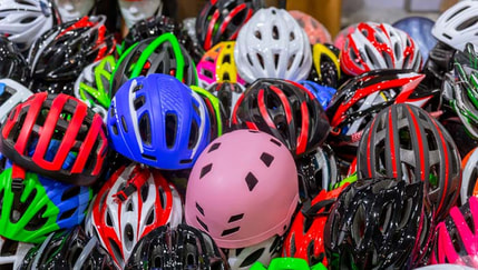 Pile of colorful helmets
