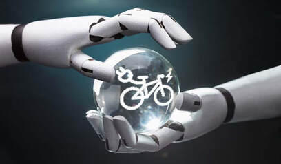Robot hands holding a crystal ball with an ebike image