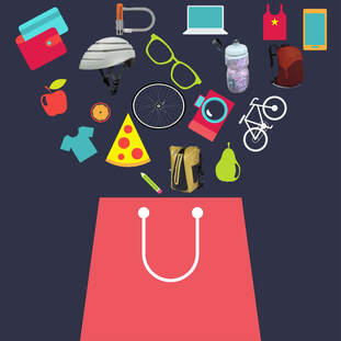 Shopping bag with items going in include a bike, bike bag, and water bottle
