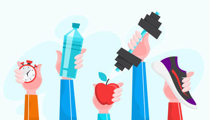 Arms of people holding healthy items, a stop watch, apple, water bottle, and sneaker