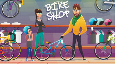 Image of a bike shop, with man, woman, and child putting on a helmet getting ready to ride his new bike