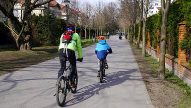 An adult and child viewed on bikes from the rear