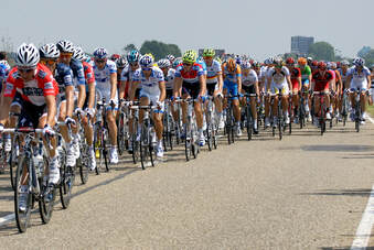 Professional bike racers cycling in a line