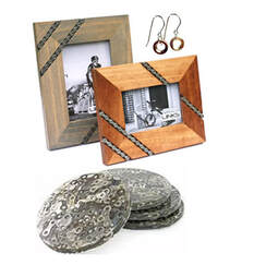 Picture frames, earrings, and coasters made from recycled bike parts