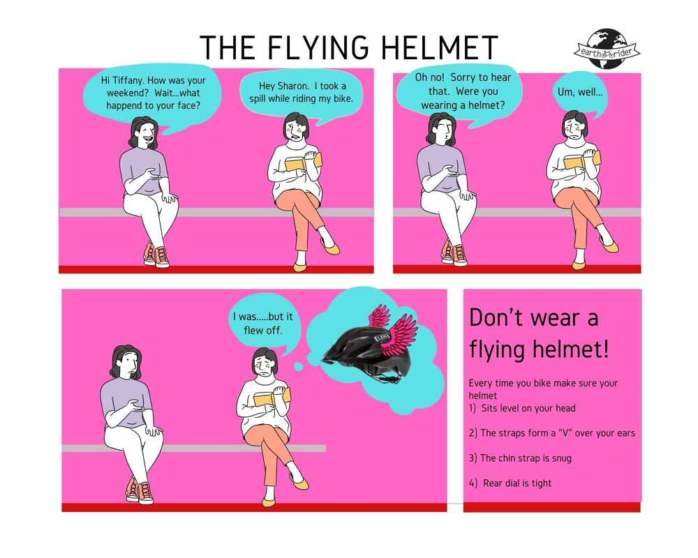 Cartoon with two women talking about a helmet that flew off and injured the cyclist