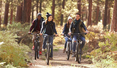 Four cyclists having fun biking in nature