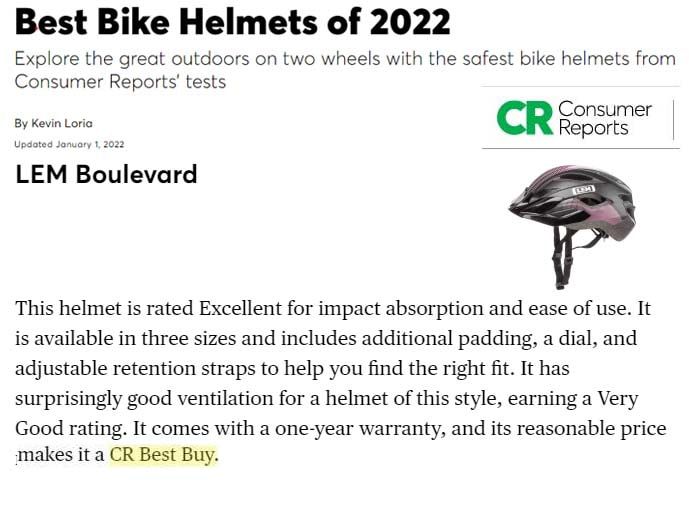 Consumer Reports rates the LEM Boulevard helmet number one for consumer helmet in 2022