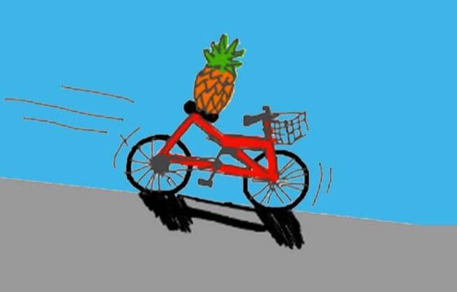 Bicycle being ridden by a pineapple on the seatPicture