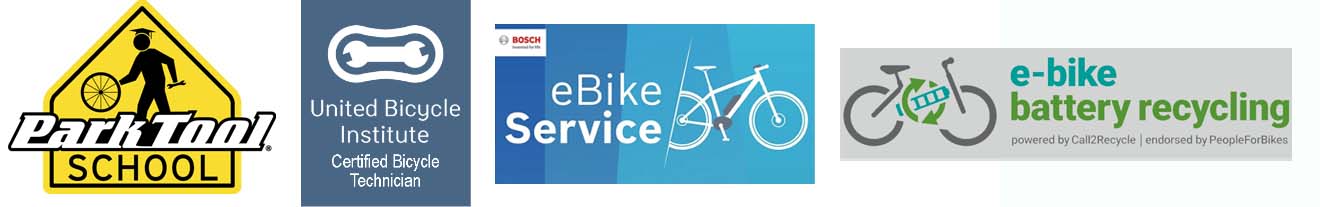 Certifications held by Earth Rider staff include Park Tool School, United Bicycle Institue, Bosch ebike service, and Call2recycle 