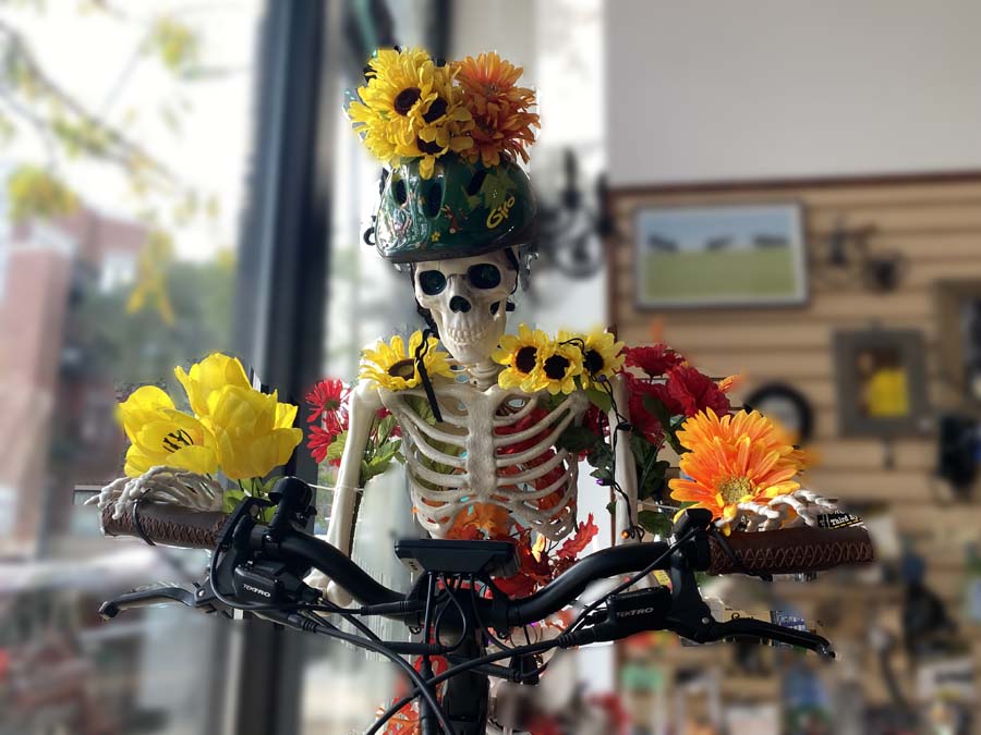 Skeleton wearing bike helmet and adorned with flowers riding a bike, ride happy